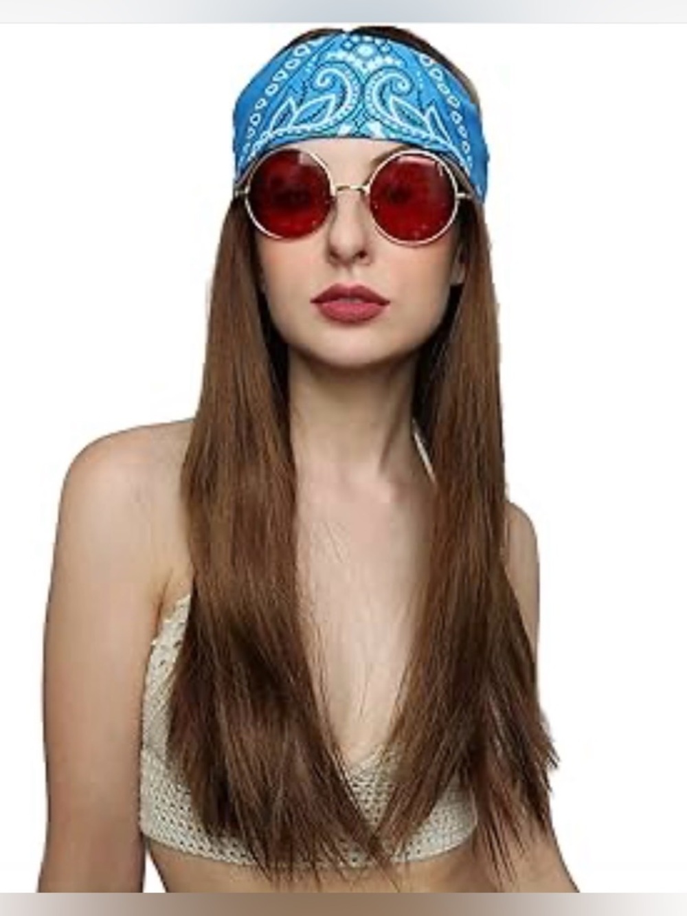 NWT 3pc Long Brown Hippie Wig Costume Set with Bandana & Glasses – 60s 70s